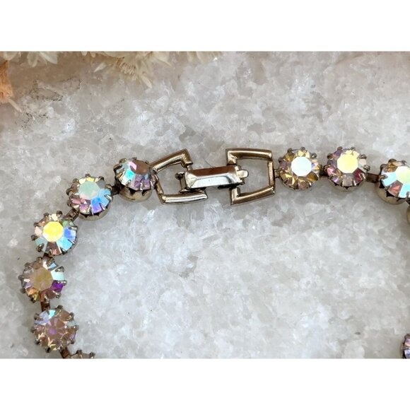 Gold Toned Iridescent Rhinestoned Vintage Costume Jewelry Tennis Bracelet - 7" - Picture 3 of 10